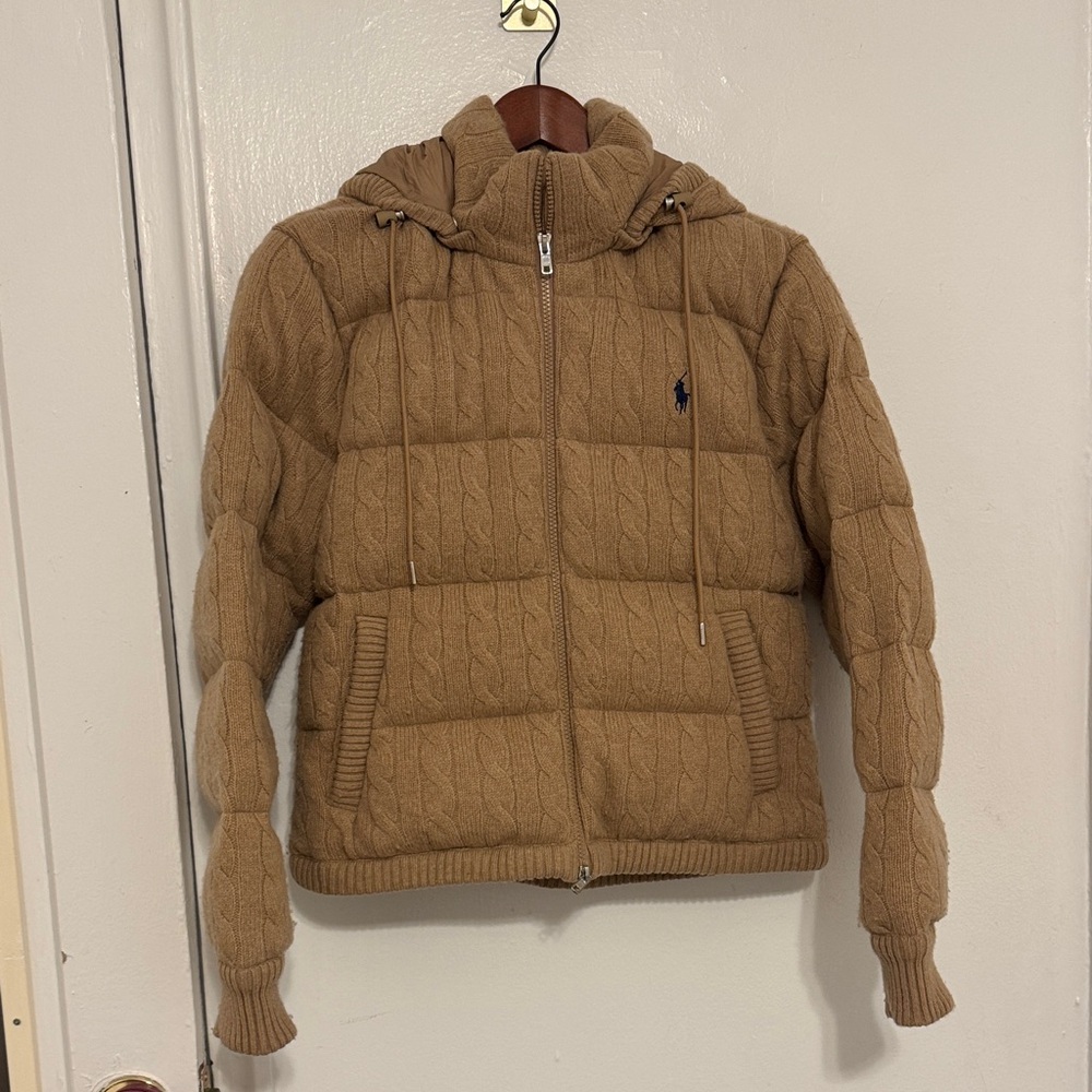 Ralph Lauren Hooded Camel Cable Knit Cashmere PufferJacket size Small Women’s